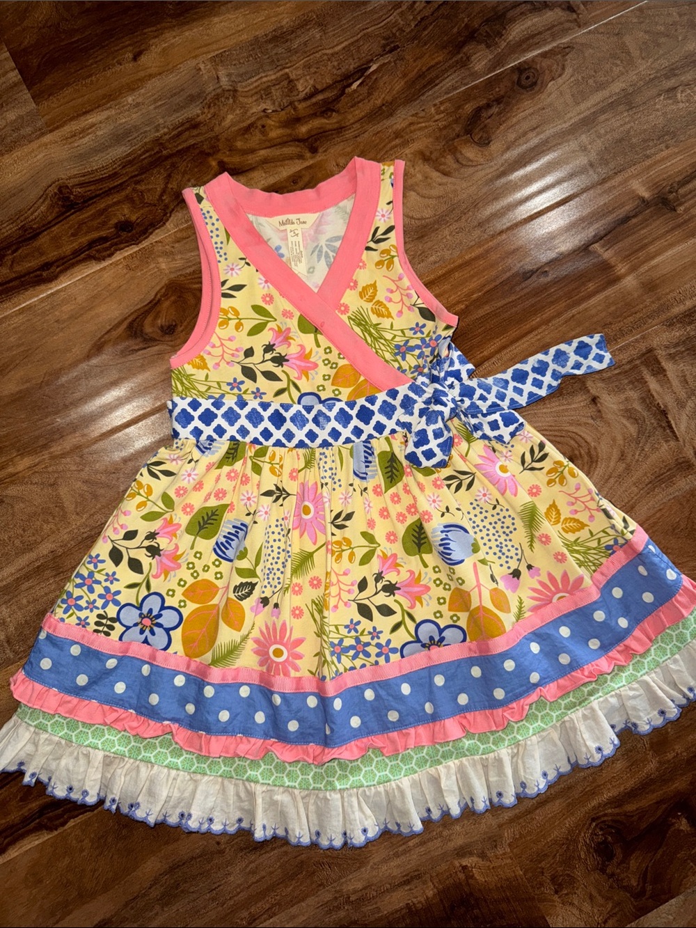 Matilda Jane Yellow Floral Wrap Dress with Pink Trim and Blue Tie size 4